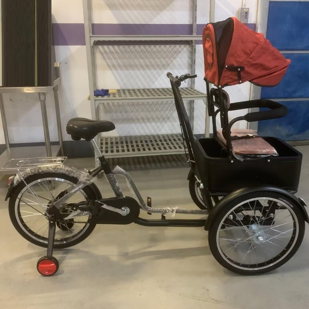 Scooter Tricycle,Tandem Tricycle with Front seat,Passenger seat with Removable Canopy and guardrail,Cargo Trike with Front Cabin,Pedal Trike with Training Wheels (Manned 20 in)