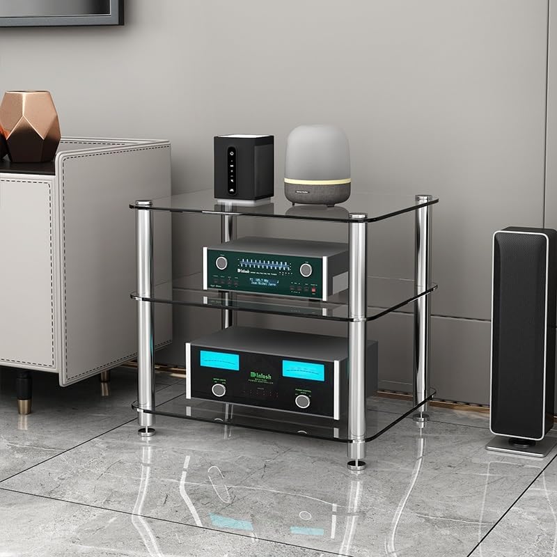LIHDNGXM 1/2/3/4-Tier Audio Rack Tower with Tempered Glass Shelves Stereo Rack AV Media Stand AV Equipment Cabinet Stereo Receiver Display Stand CD Record Player(Clear Glass