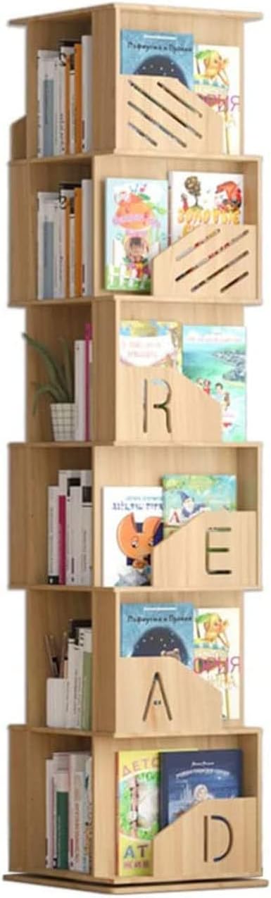 Rotating Wooden Bookshelf 360° Storage Display Rack Corner Bookcase Floor Standing Open Shelves for Living Room Organizer Decor