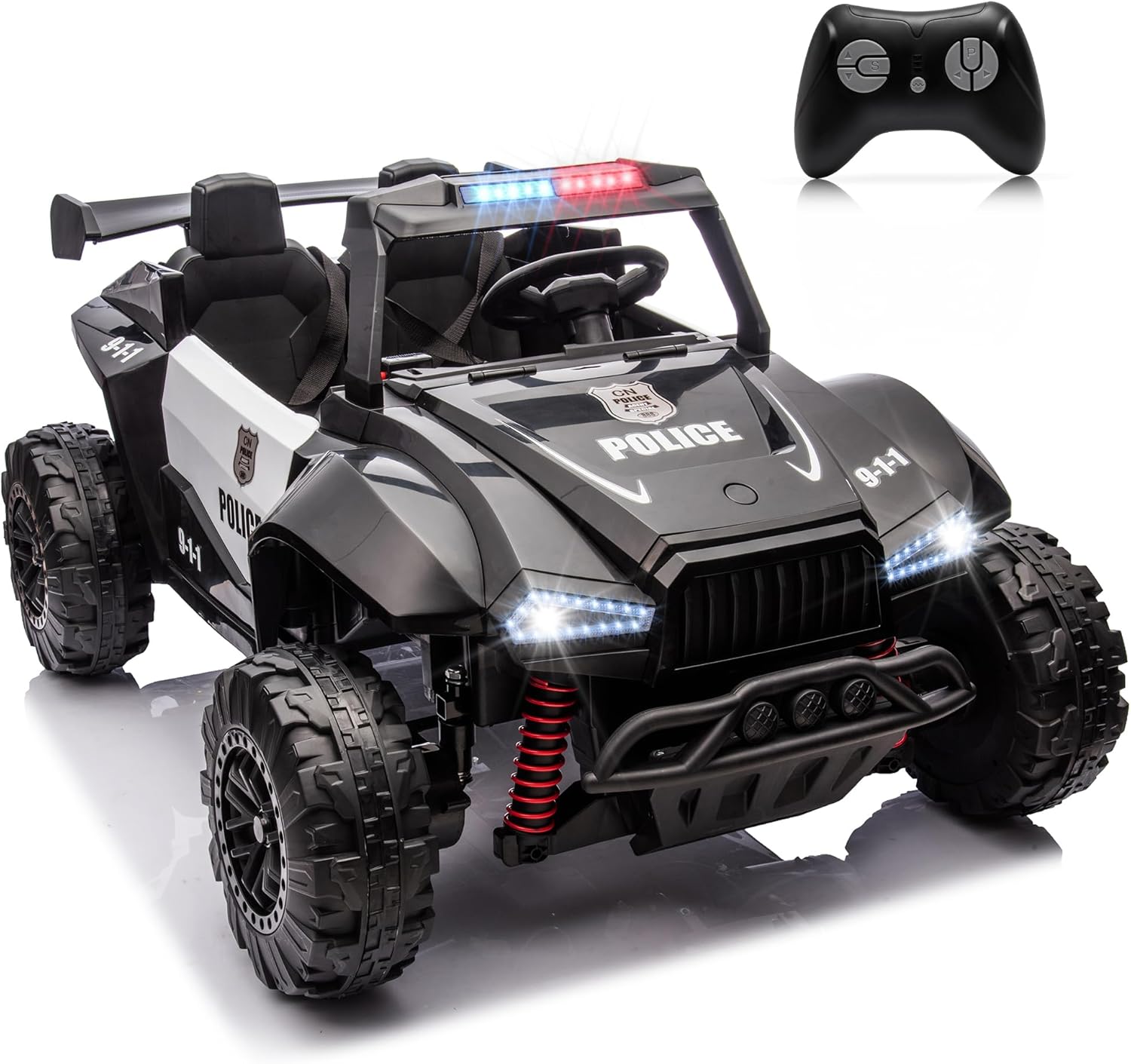 24V Ride on Car Toys for Big Kids, 4 Wheeler Electric Off-Road UTV Trucks with 2-Seater, LED Lights, Music and Remote Control, Police Vehicles for Ages 3+ Boys and Girls- Black&White