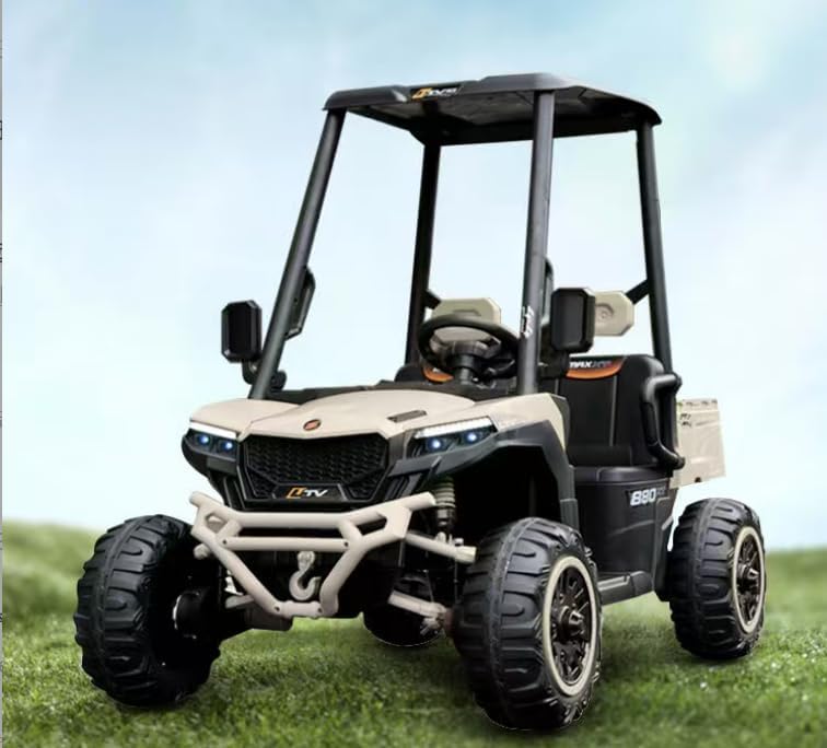 24V Kids Golf Cart, 4WD 2 Seater Ride on Car w/Sun Shade, Storage Trunk & Remote Control, Electric Vehicle w/LED Lights, Realistic Sounds & Wireless Connection, Gift for Boys Girls 3+ (Beige)