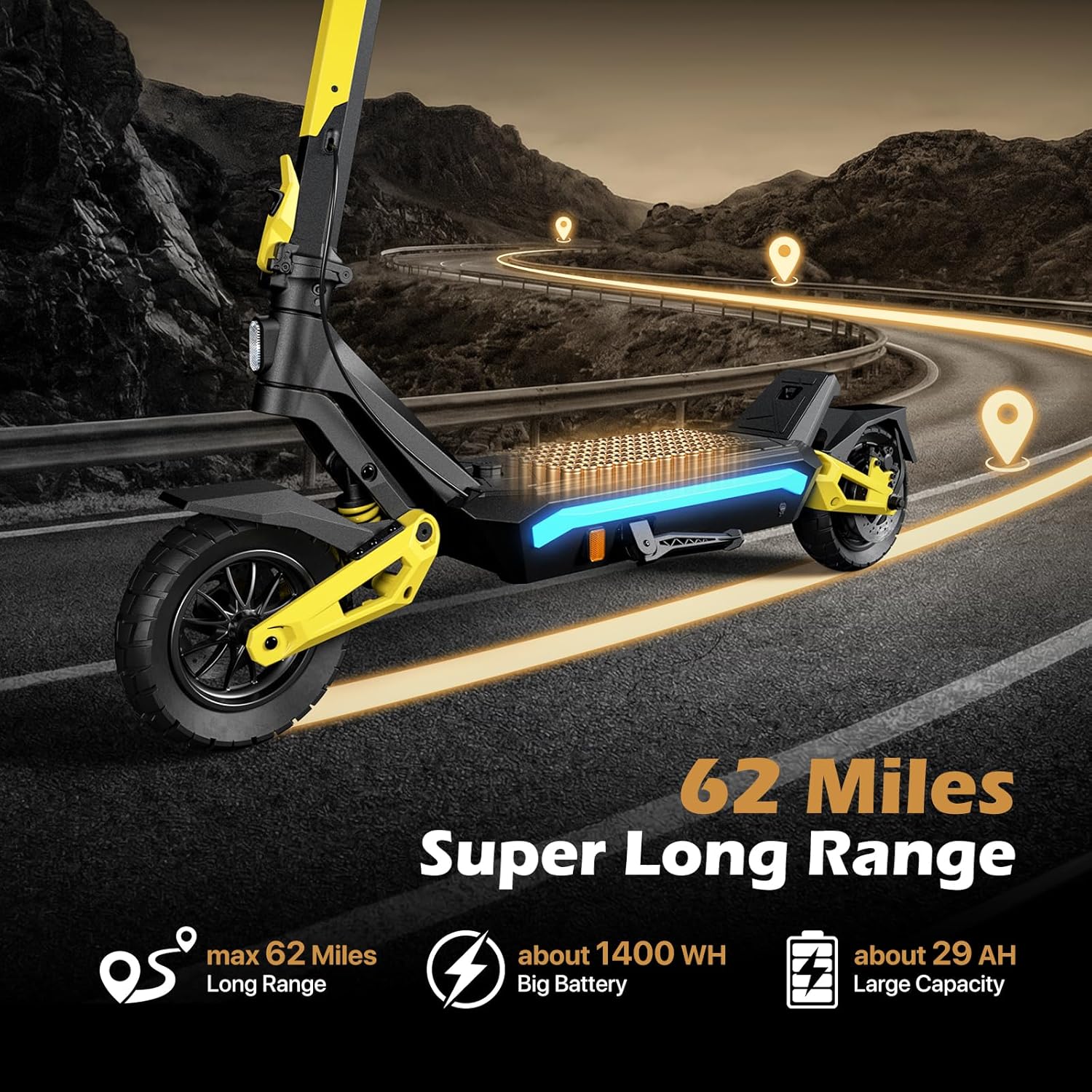 GT01 Pro Electric Scooter, 1500W Peak Motor, 25 MPH Top Speed, 62 Miles Range, 10