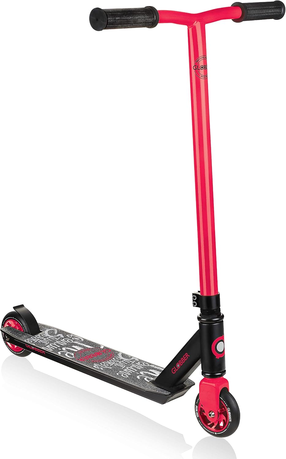 Globber Stunt Scooter GS 360 2-Wheel Stunt Scooter Sturdy Aluminium Deck, Reinforced 83° Aluminium downtube for Teens and Adults (Black/Red)