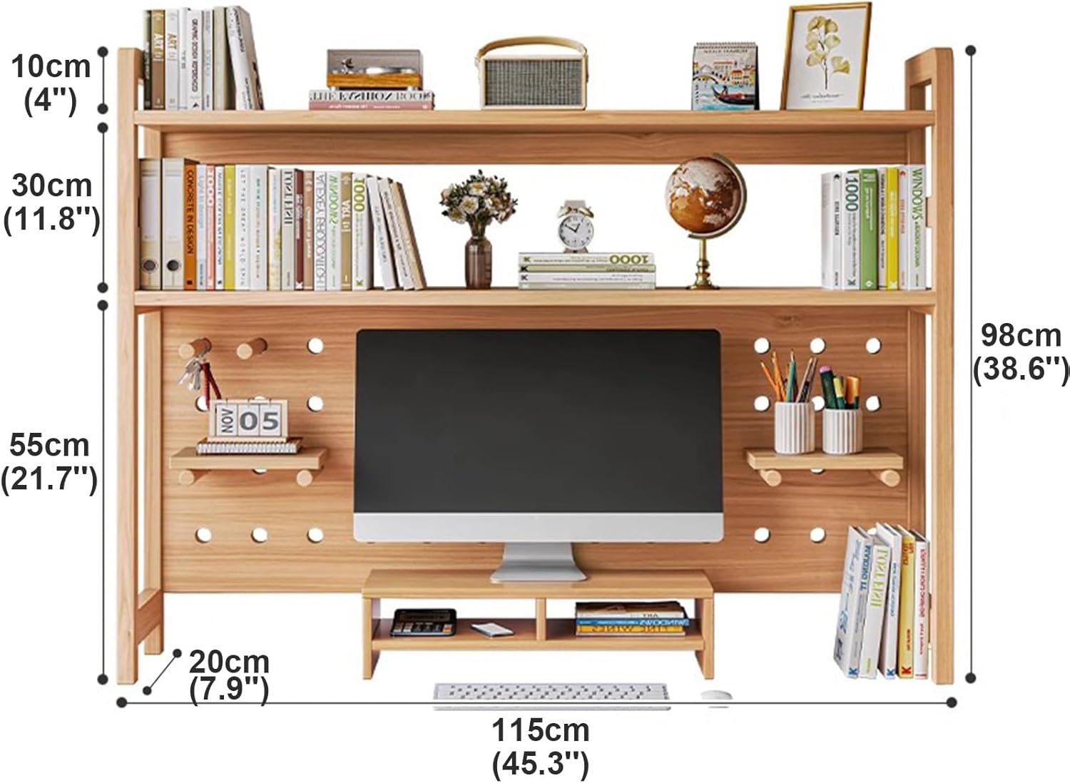Wood Desktop Bookshelf with Pegboard Hooks Set, 2-Tier Desk Hutch for Computer Monitor, Desktop Display Rack Storage Organizer for College Dorm Office Home, 14 Accessories