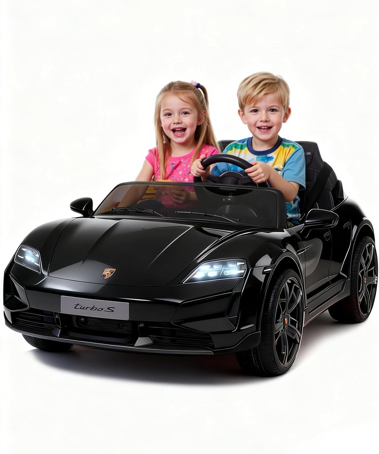 Joywhale 24V Porsche Taycan Licensed Kids Ride On Car, 2-Seater Electric Vehicle with Remote Control, 3 Speed Modes, LED Headlights, Bluetooth Music Player and 4WD, Black