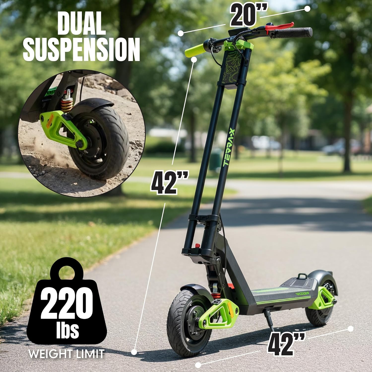 Electric Scooter for Teens and Adults – Up to 15.5 MPH, 12.4 Mile Range, Suspension, Folding Frame – Lightweight & Affordable E-Scooter with Solid 8” Tires – Madd Gear Terra-X