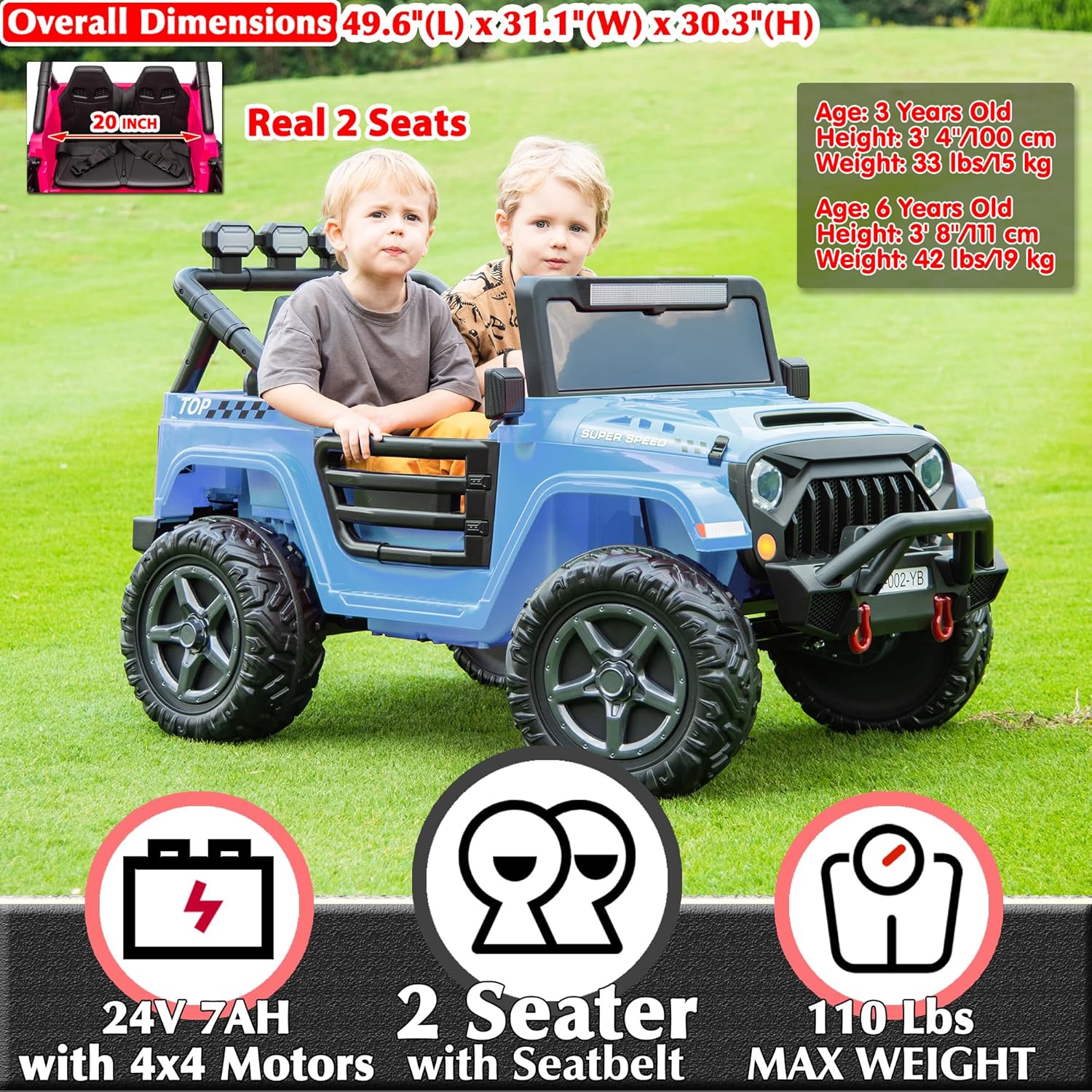 sopbost 24V Ride On Toys for Big Kids Boys Girls 2 Seater Ride On Car with Remote Control 4WD Electric Vehicles Battery Powered Side by Side Off-Road Truck, 4x75W Motors, EVA Rubber Tires, Airy Blue