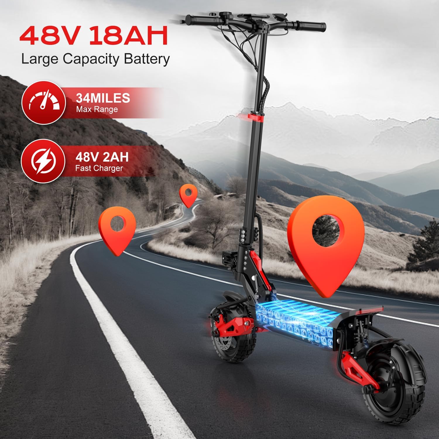 Electric Scooter Adults, 31/34 MPH w/ 40Mile Range, 48V18/21AH, 1200W/1600W Peak Motor, 11