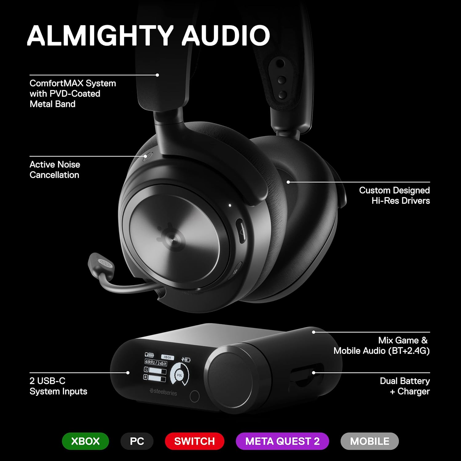 SteelSeries Arctis Nova Pro Wireless Multi-System Gaming Headset - Premium Hi-Fi Drivers - Active Noise Cancellation - Infinity Power System - ClearCast Mic (Renewed)