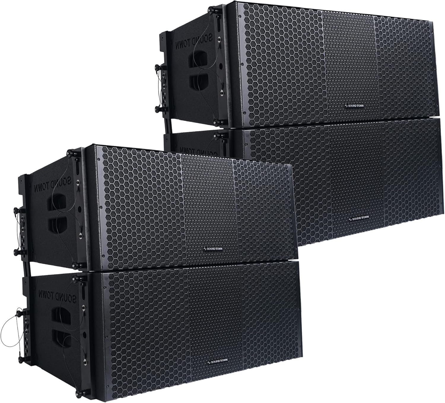 Sound Town ZETHUS Four Dual 10-inch Line Array Speaker System with Dual Titanium Compression Drivers, Full Range/Bi-amp Switchable, Black (ZETHUS-210B-2PAIRS)