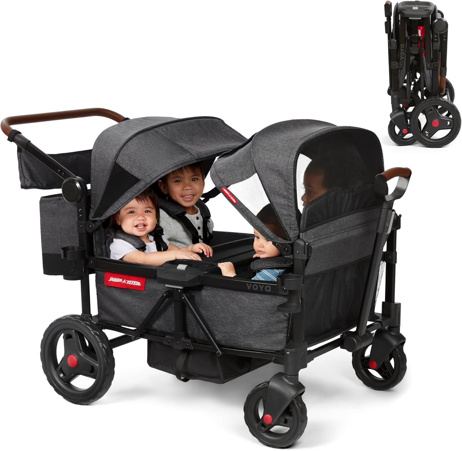 Radio Flyer Voya Quad Stroller Wagon, for Toddlers and Kids 6+ Months, Push or Pull, 4 Seats, Dual Sun Canopies, Compact Fold, Lightweight, Storage Space, 5-Point Harnesses, Stroller Wagon for Kids