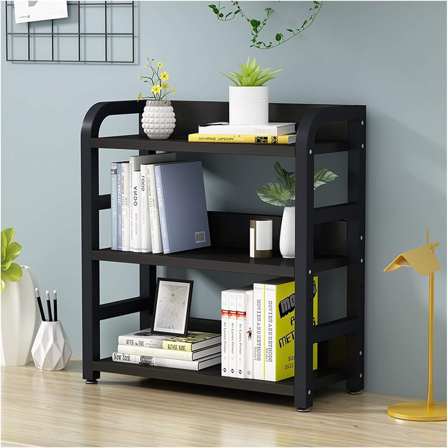 RJYYYDS 3 Tier Wood with Metal Frame Large Capacity Display Storage Shelf Organizer Decor for Office Study Dormitory Adjustable Countertop Bookcase