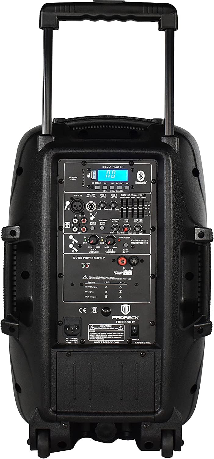 PRORECK Freedom 12 Portable Wireless 12-Inch 500 Watt Powered Dj/PA Speaker Rechargeable Karaoke System with Bluetooth/USB Drive Read/SD Card Reader/FM/Remote Control/Wireless Microphone