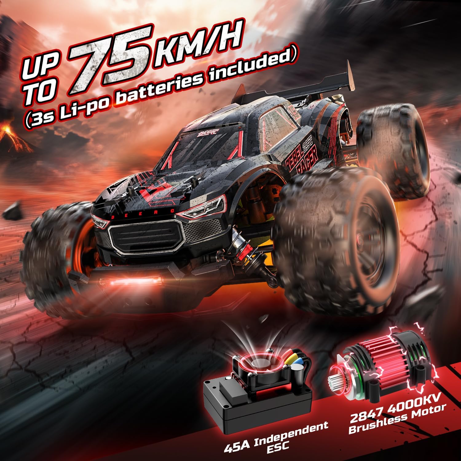 DEERC Fast RC Car for Adults, 1/14 Brushless 4WD Off-Road RC Truck, 46+ MPH High Speed Waterproof All Terrain RC Truggy with 2×3S LiPo Batteries
