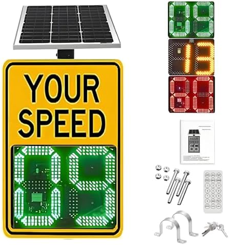 Solar Powered LED Speed Limit Sign, Weatherproof Aluminum Traffic Sign with Radar Detection, Remote Control & Mounting Kit, 50x70cm, Yellow - Enhanced Road Safety Solution