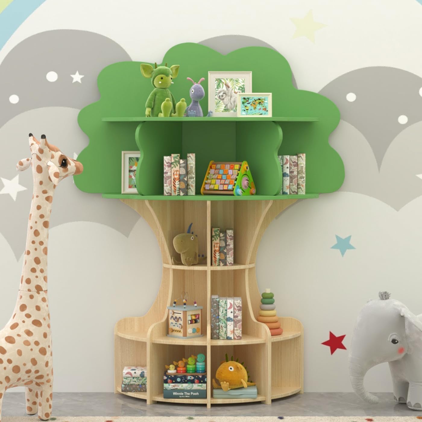 RUPOLX 5-Tier Tree Kids Bookshelf, Toddler Montessori Shelf Book Rack, Toy and Book Storage for Kids, Wooden Children's Bookcase, Toy Storage Organizer for Preschool, Kid Room, Playroom, Nursery-001