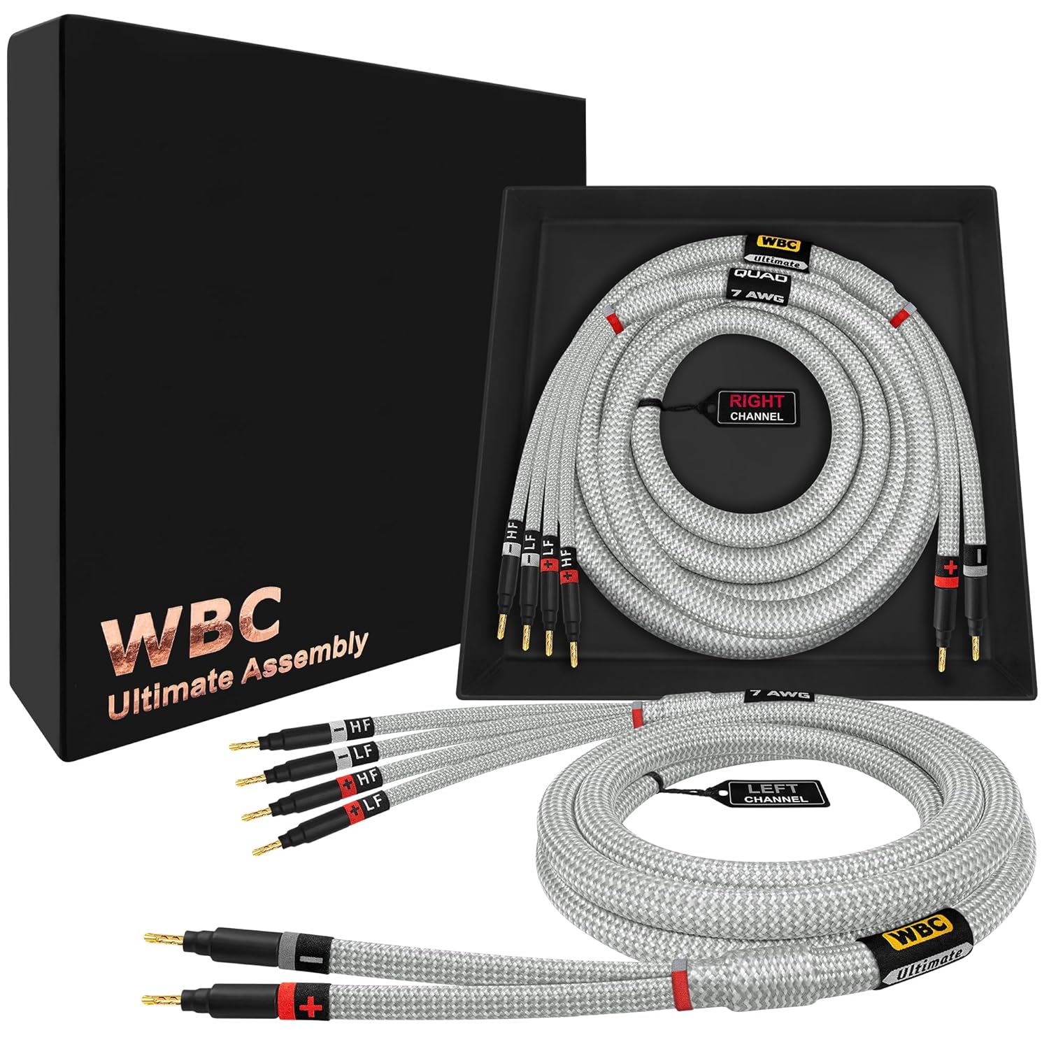 WORLDS BEST CABLES 8 Foot Ultimate - 7 AWG - Ultra-Pure OFC Extra Premium Audiophile HiFi Bi-Wire Speaker Cable Pair with Eminence Gold Banana Plugs & Silver Tweed Jacket