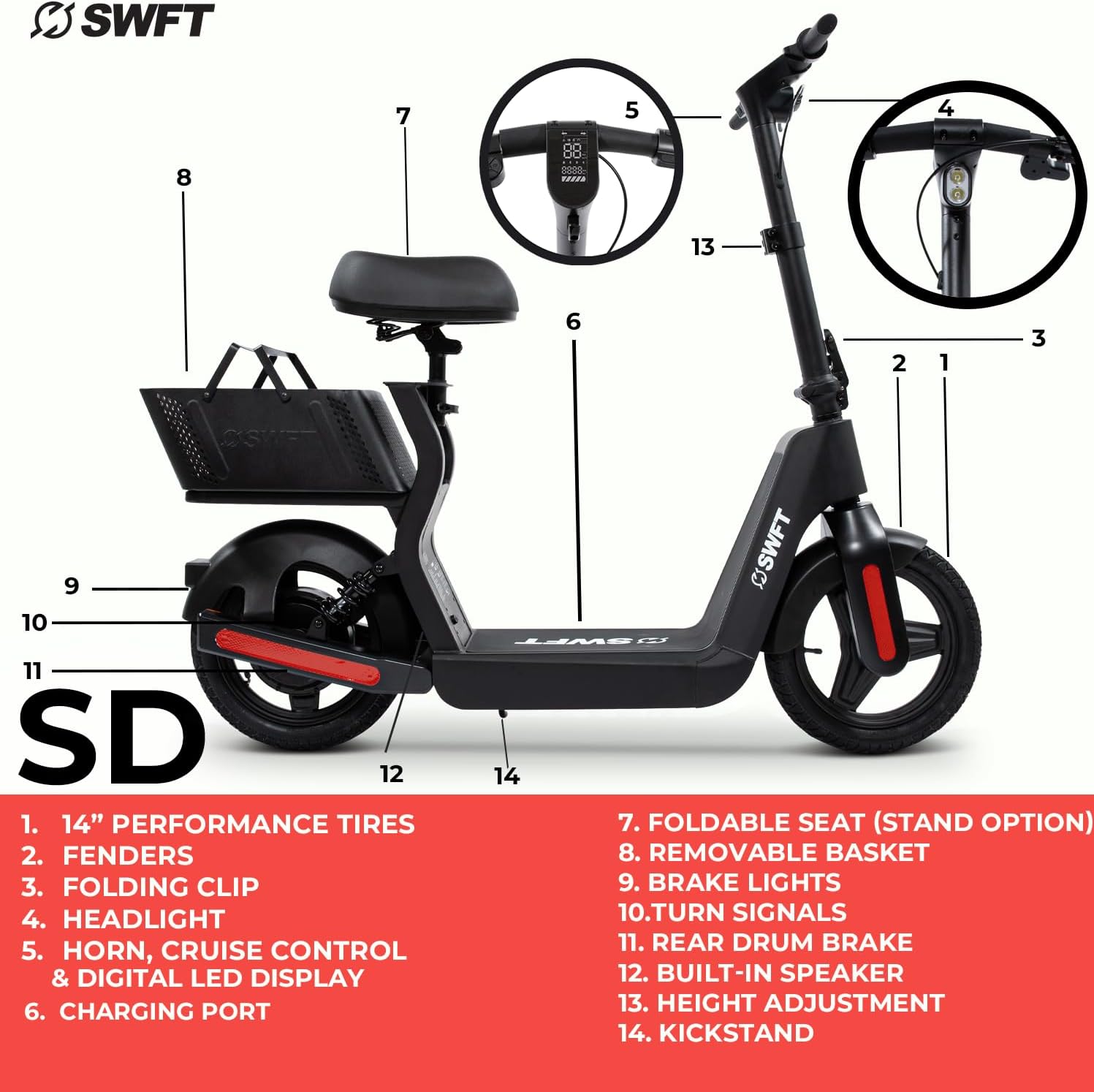 SWFT Electric Scooter | Compact Foldable Scooter, LCD Display, Fast Rechargeable Long-Lasting Battery, Reliable Motor, Durable Wheels, Bright Headlight, for Adults & Kids