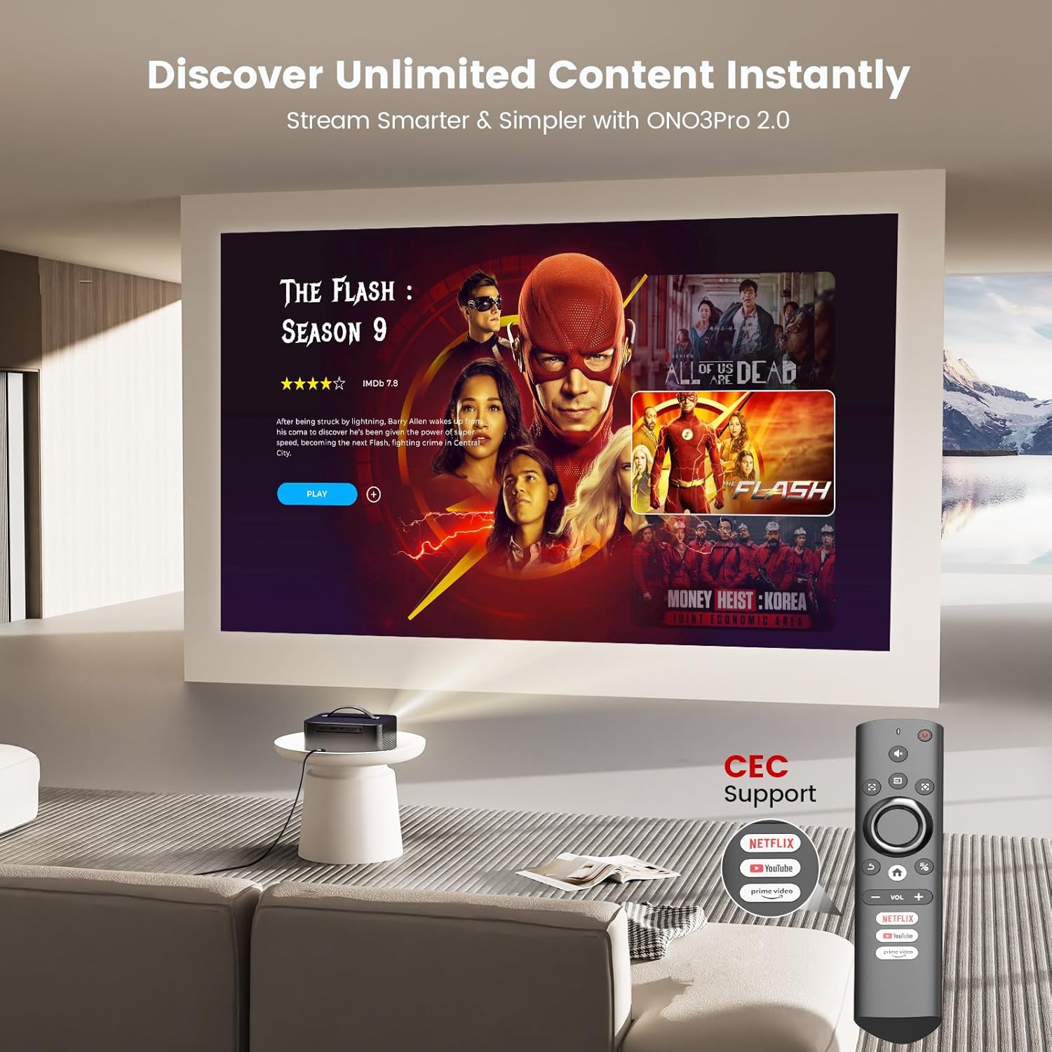 Projector-4K with WiFi and Bluetooth:[2000 ANSI/AI Auto Focus/Built-in APPs]Outdoor-Projector Smart TV OS 2.0 & DoIby