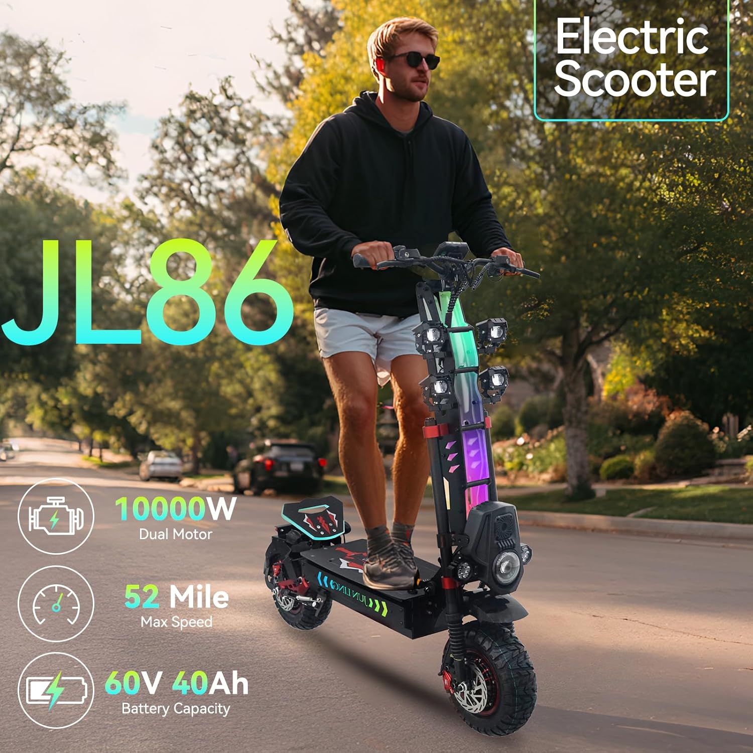 Electric Scooter Adults, 10000W Motor, Max Speed of 55 MPH, Up to 75 Miles Rangs, 60V/40Ah Battery, 13'' All-Terrain Tires, Front and Rear Hydraulic Shock Absorbers, RBG Light Foldable E-Scooter JL86