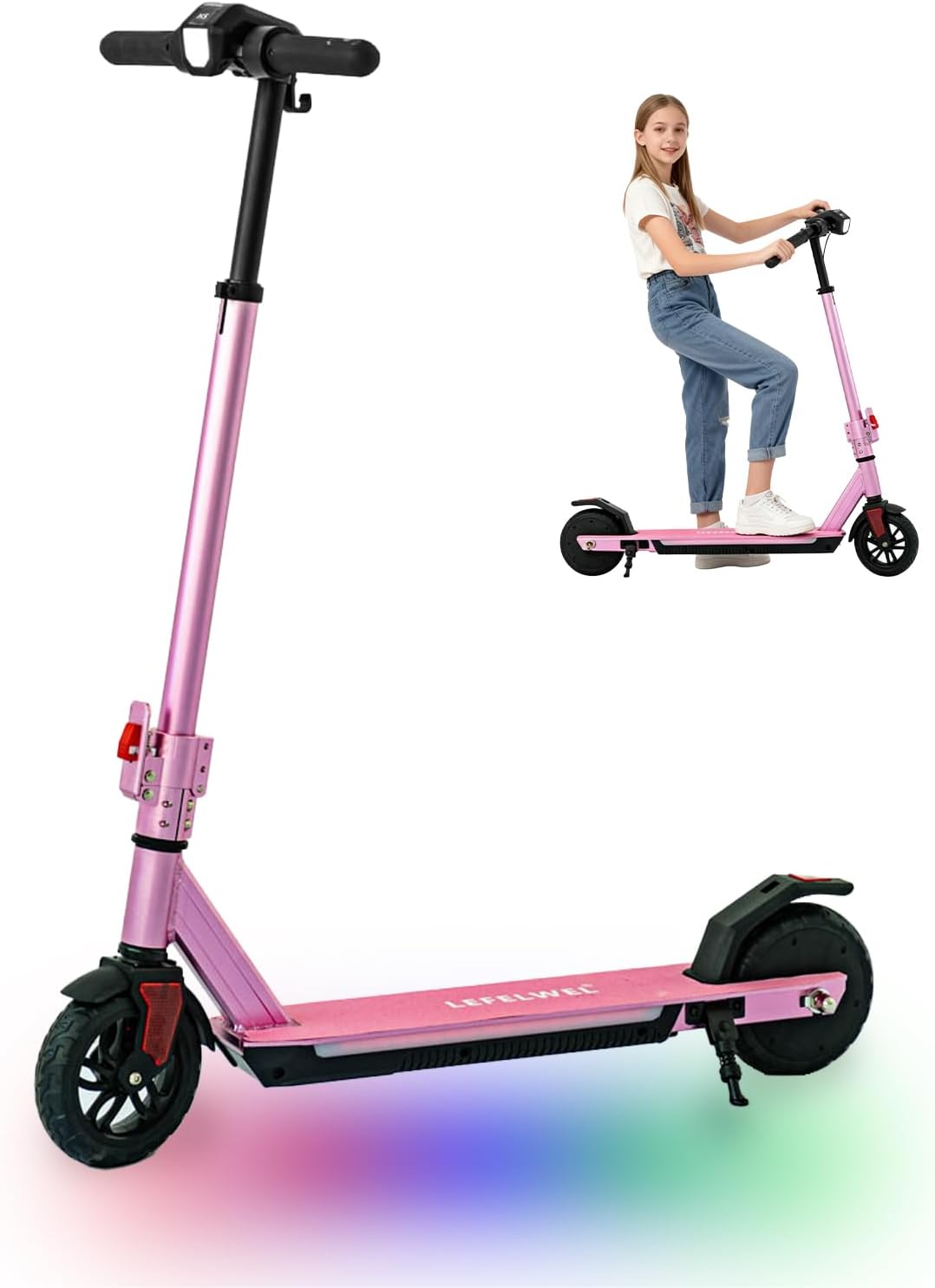 Electric Scooter for Kids Ages 6-12, 150W Motor, 4/7/11 Mph, 60 mins Ride Time, Adjustable Speed, LED Display, Colorful Lights, Electronic Brake, Foldable Kids Electric Scooter