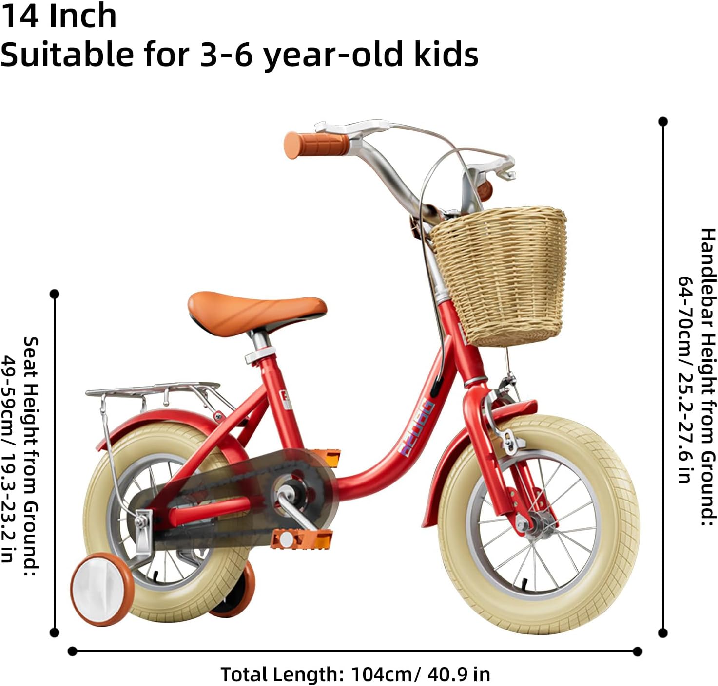 Baby Carriage, Kids Bikes Beginner Training Bike with Training Wheels Front Rear Brake Removable Basket