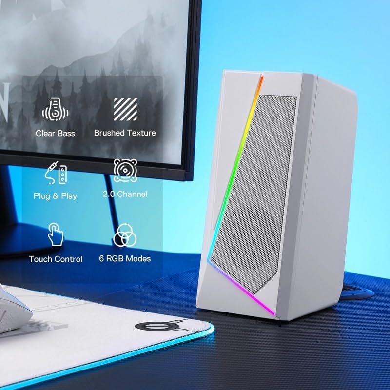 Desktop Speakers 2.0 Channel PC Stereo Speaker with 6 Colorful LED Modes Enhanced Sound