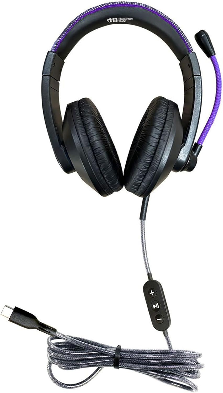 HamiltonBuhl Smart‑Trek Deluxe USB‑C Stereo Headsets 100‑Pack, Noise‑Canceling Gooseneck Mic, In‑Line Volume Control, Leatherette Cushions, Metallic Purple Accents