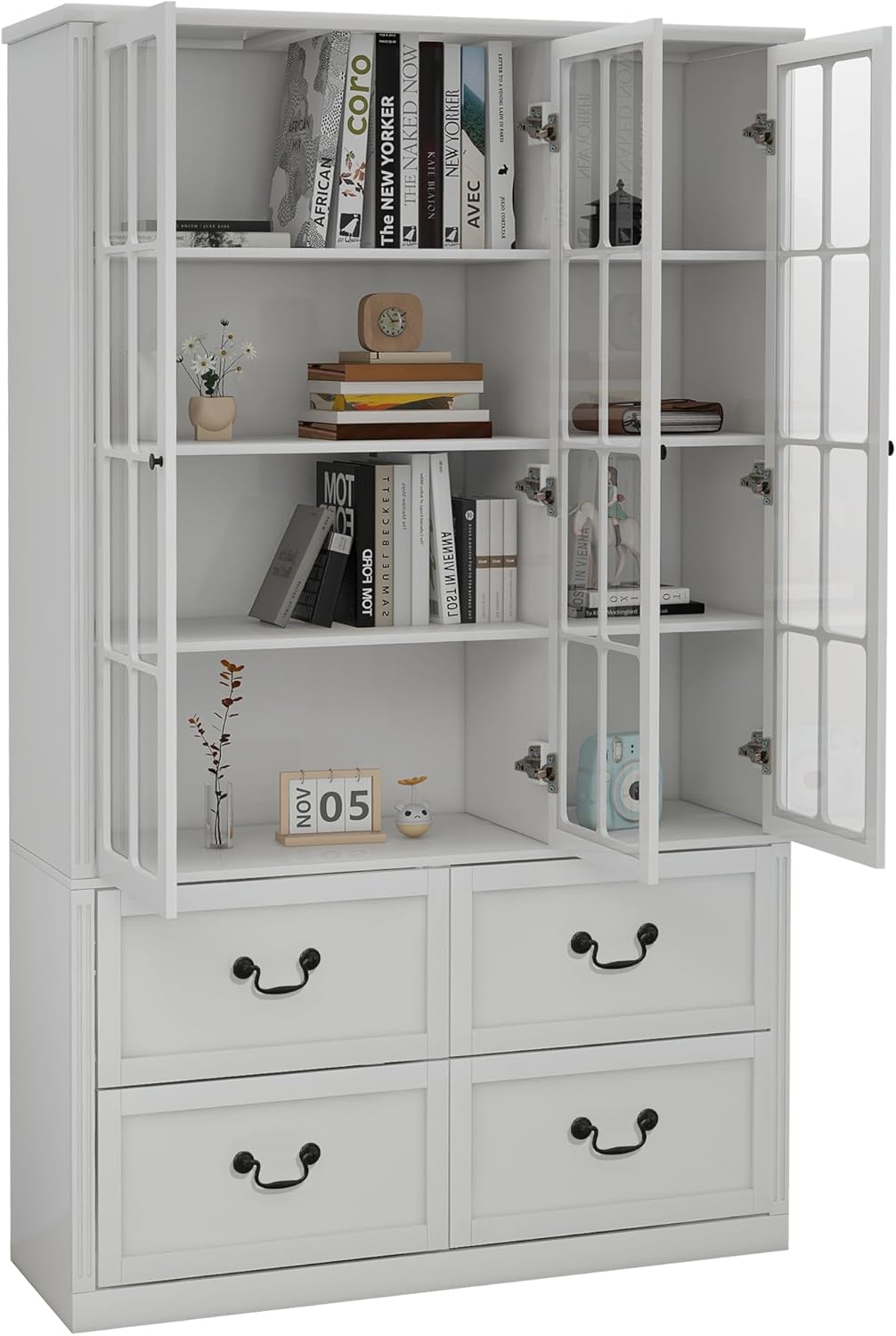 TaoHFE Grey Tall Bookshelf and Bookcase with Glass Doors,Grey Modern Floor Standing Bookcase 6-Tier Storage Cabinet with Glass Doors,Tall Bookshelf for Office,Living Room 4 Shelves+4 Big Drawer