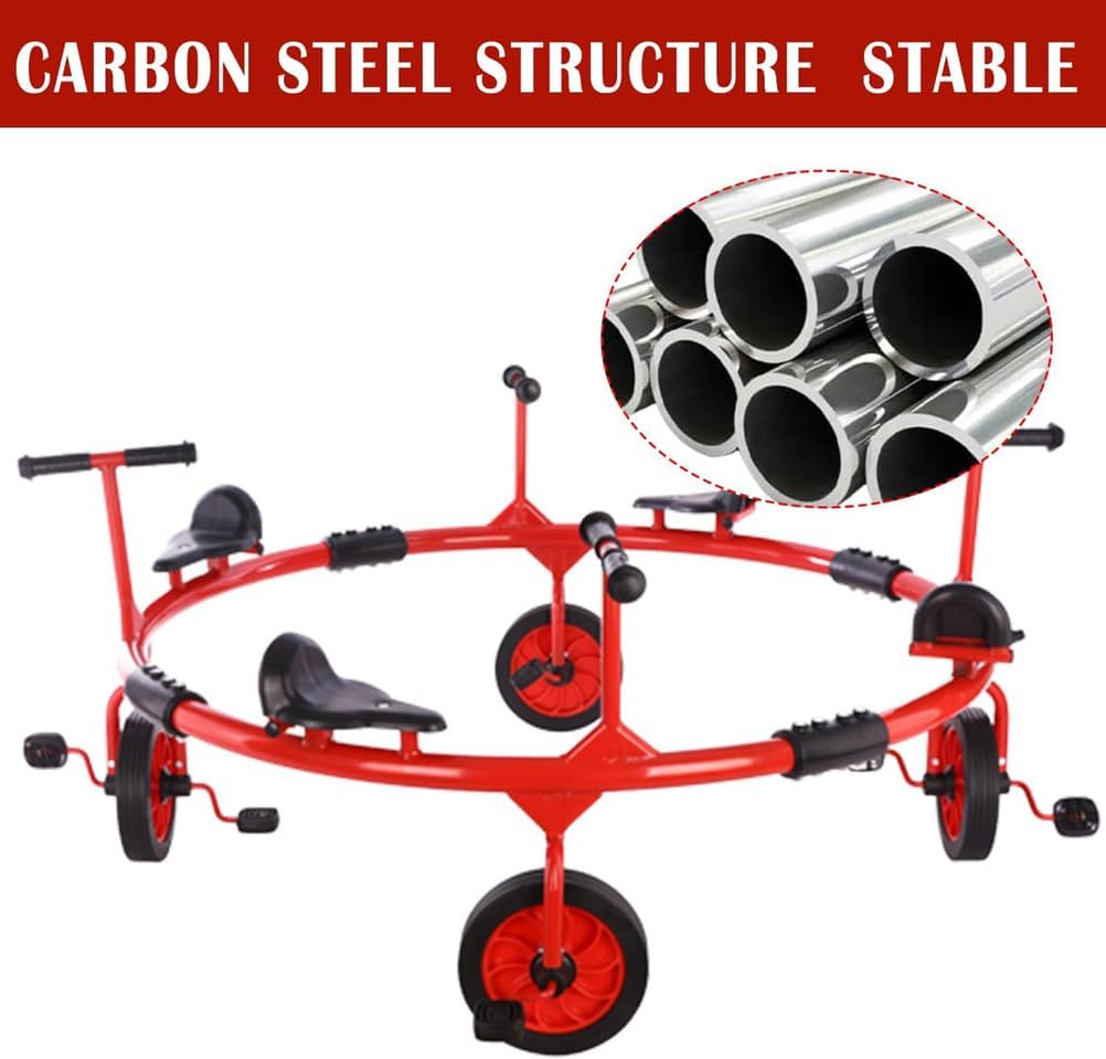 Red,3 People,Kids Turn Car,Pedal Rotary Bike Outdoor Preschool Education Kindergarten Tricycle Multi-Person Cooperative Rotating Rubber Wheels Ride Transfer Car for Playground Equipment