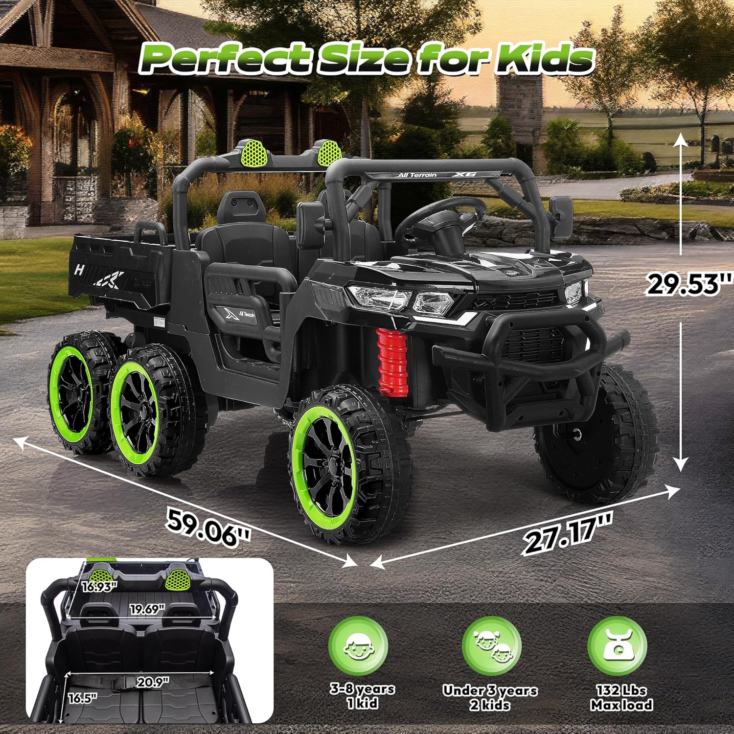 24V 2-Seater Ride on Dump Truck, 4WD 6-Wheel Kids Ride on Car Toys w/Remote Control, Electric Dump Bed, Toy Shovel, LED Lights and Music, 24V Ride on Toys for Big Kids Boys Girls (Black)