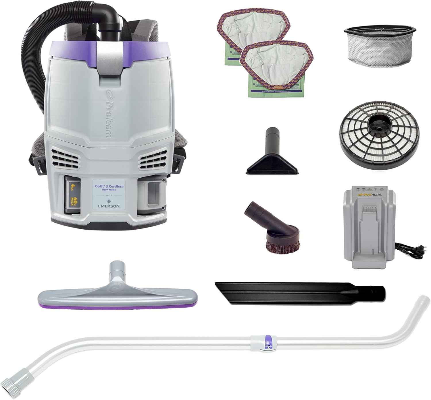 ProTeam GoFit 3 Cordless 4Ah, 3 qt. Commercial Backpack Vacuum w/Xover Multi-Surface Telescoping Wand Tool Kit, 107774