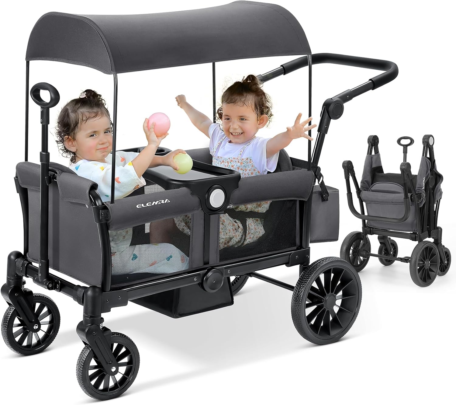 ELEMARA Foldable Wagon Stroller, Stroller Wagon for 2 Kids, Premium All Terrain Wagon for Kids with Removable Canopy, Adjustable Push/Pull Handle, Harnesses, Large Storage Bag