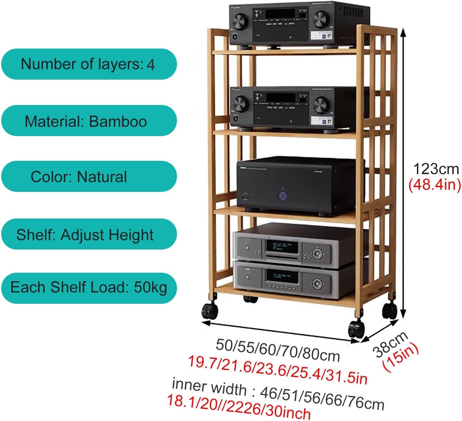 USZWBY 2 3 4 5 Tier Stereo Rack System Cabinet with Height-Adjustable Shelf & Wheels