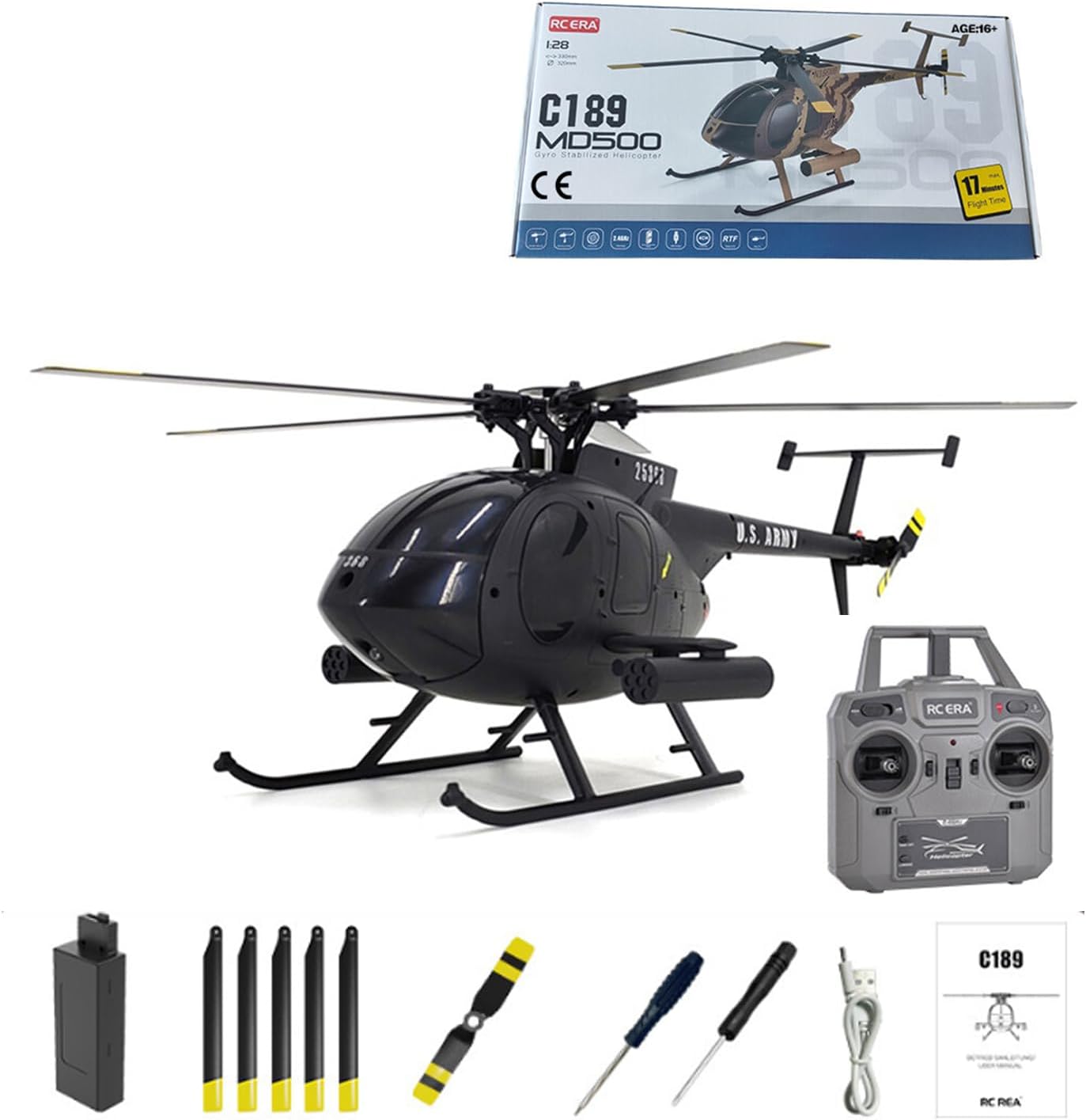 MD500 C189 RC Helicopter, 1/28 2.4G Little Bird Single-Rotor RC Drone Aircraft with 6-axis Gyroscope Dual Brushless Motors 6G Simulation Plane Model (RTF Version), 33.5 x 9.5 x 12.6cm, Black