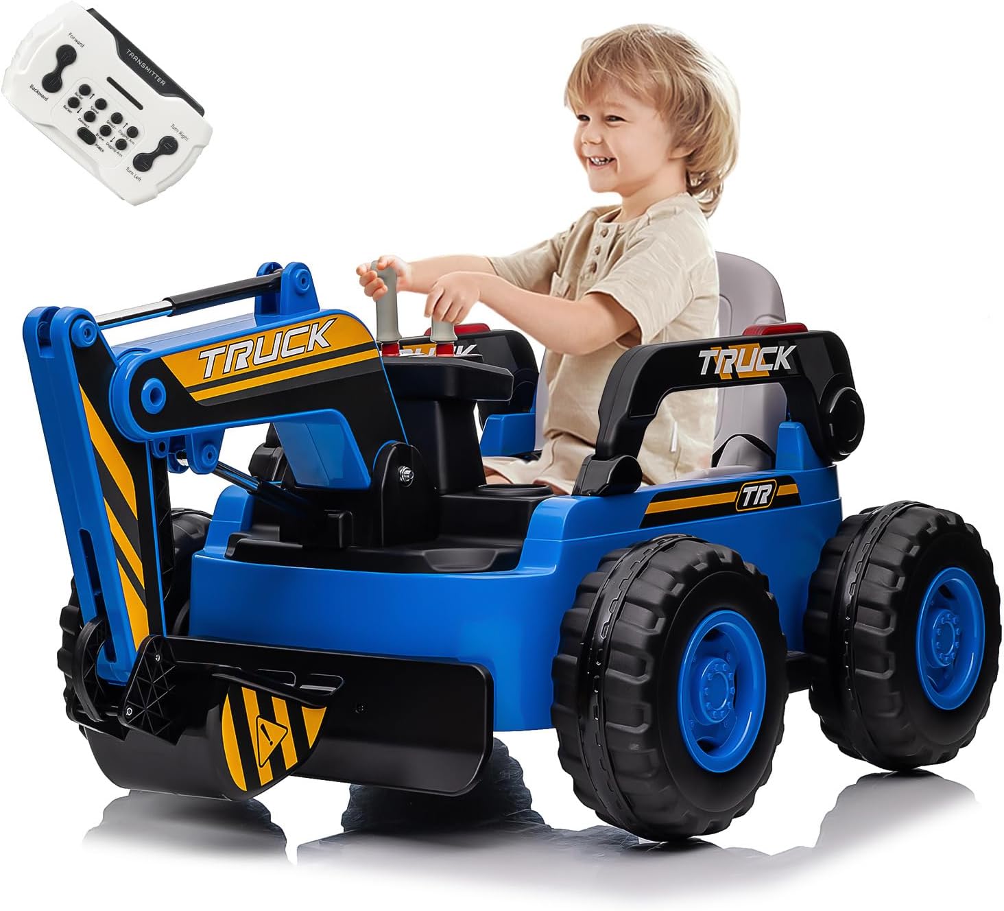 Hetoy Ride On Excavator for Kids, 4WD Electric Excavator Toy, 12V Battery Powered Construction Truck Digger with Remote Control. Spring Suspension, Bluetooth for Toddlers Over 37 Months, Blue