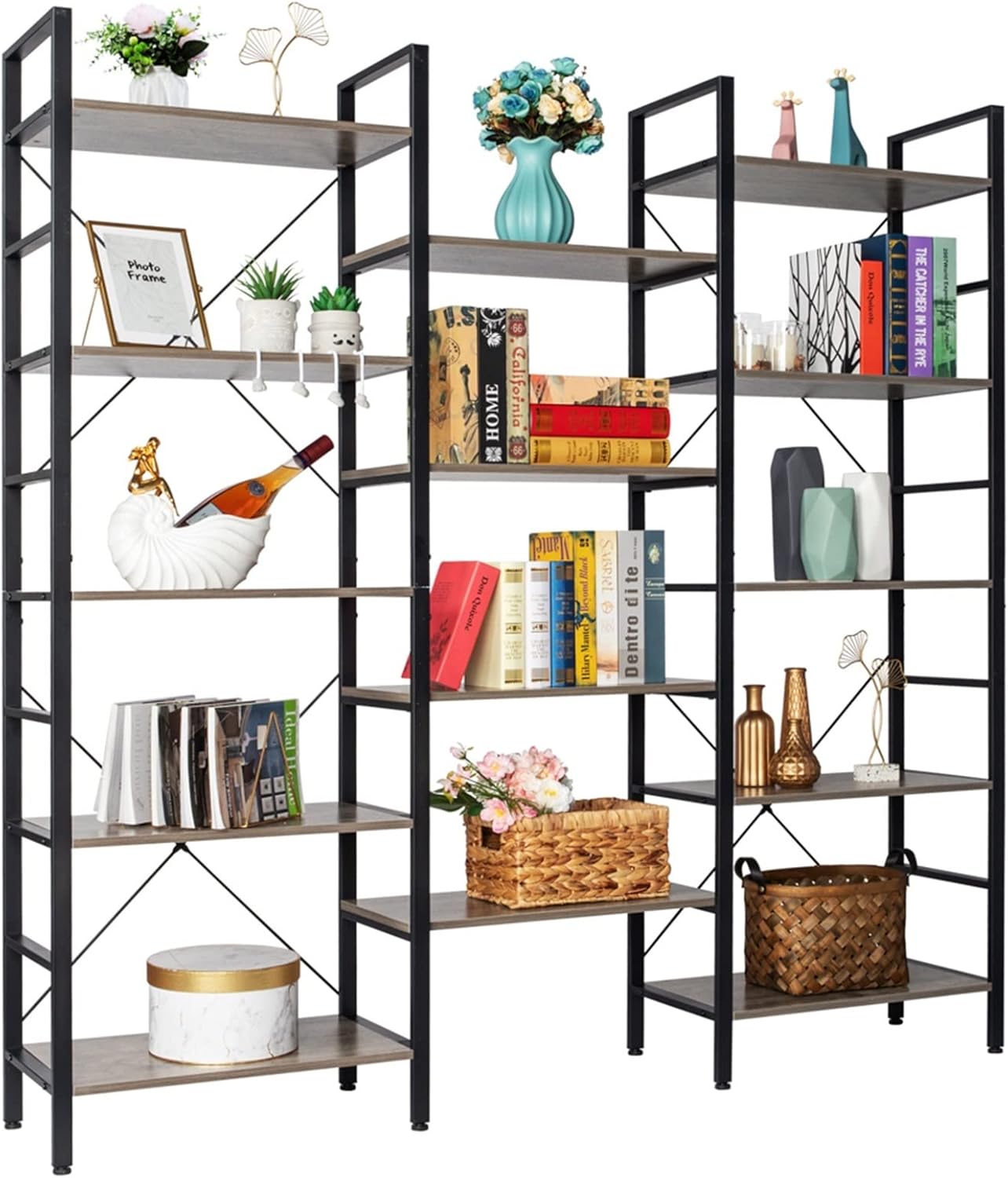 FACMAS Small Bookshelf Vintage Industrial Style Bookcase and Metal Bookcase Large Open Bookcase Bookcase Triple Wide 5-Layer Bookcase Bookcase/Bookshelves (Color : Gray)