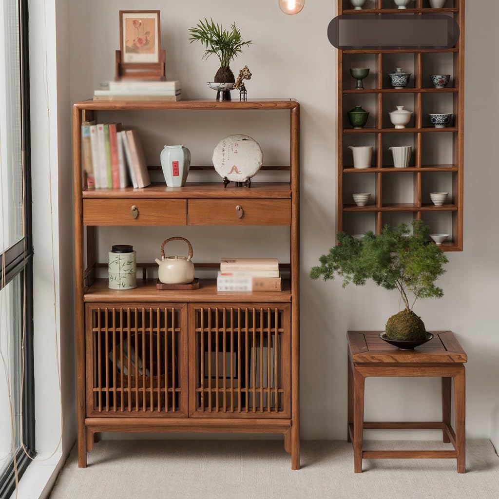 YOUQUEEN Book Shelf Chinese Style Wooden Bookshelf Tea Set Rack Tea Cabinet Display Cabinet Elm Side Cabinet Bookcase Bookshelves and Bookcases