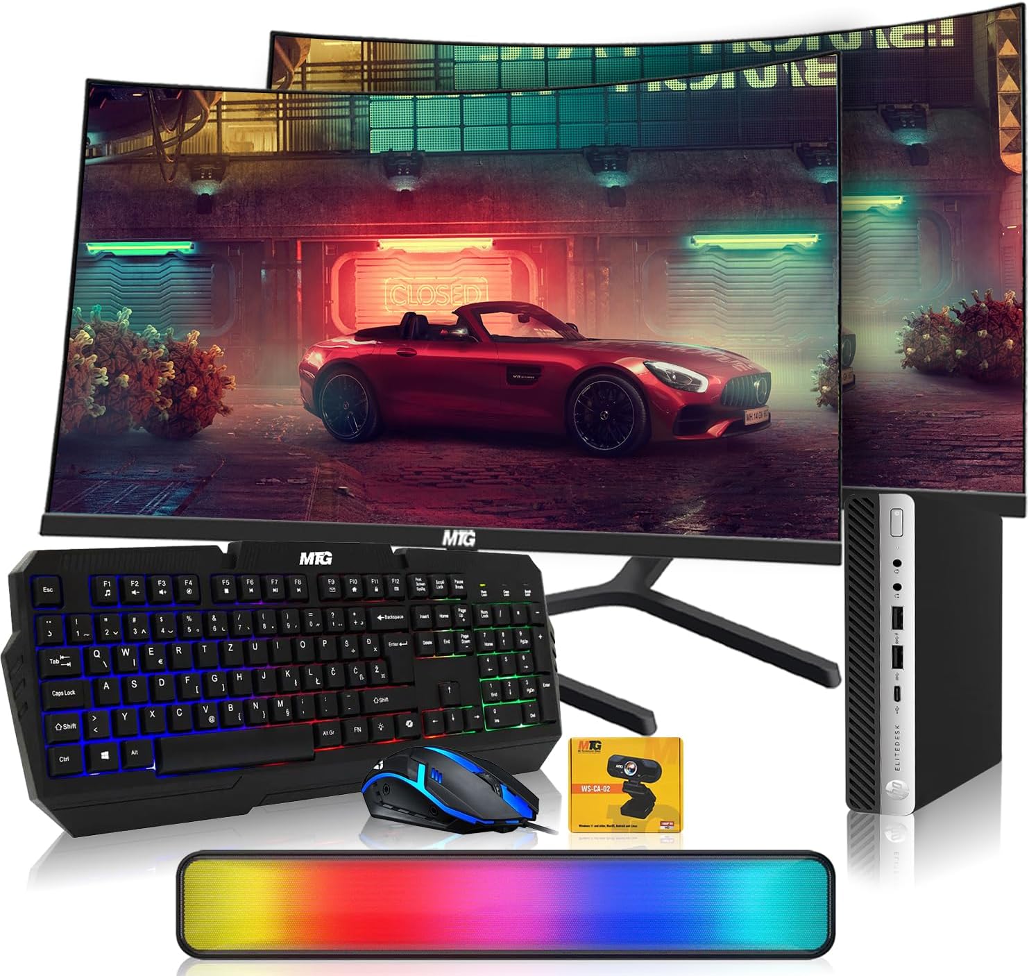 HP G3 Tiny Mini Desktop PC, Intel Core i5, 32GB RAM, 1TB SSD with Dual 27 inch Curved Monitor, AI Enabled RGB Keyboard Mouse, RGB Soundbar and Webcam Windows 11 (Renewed)