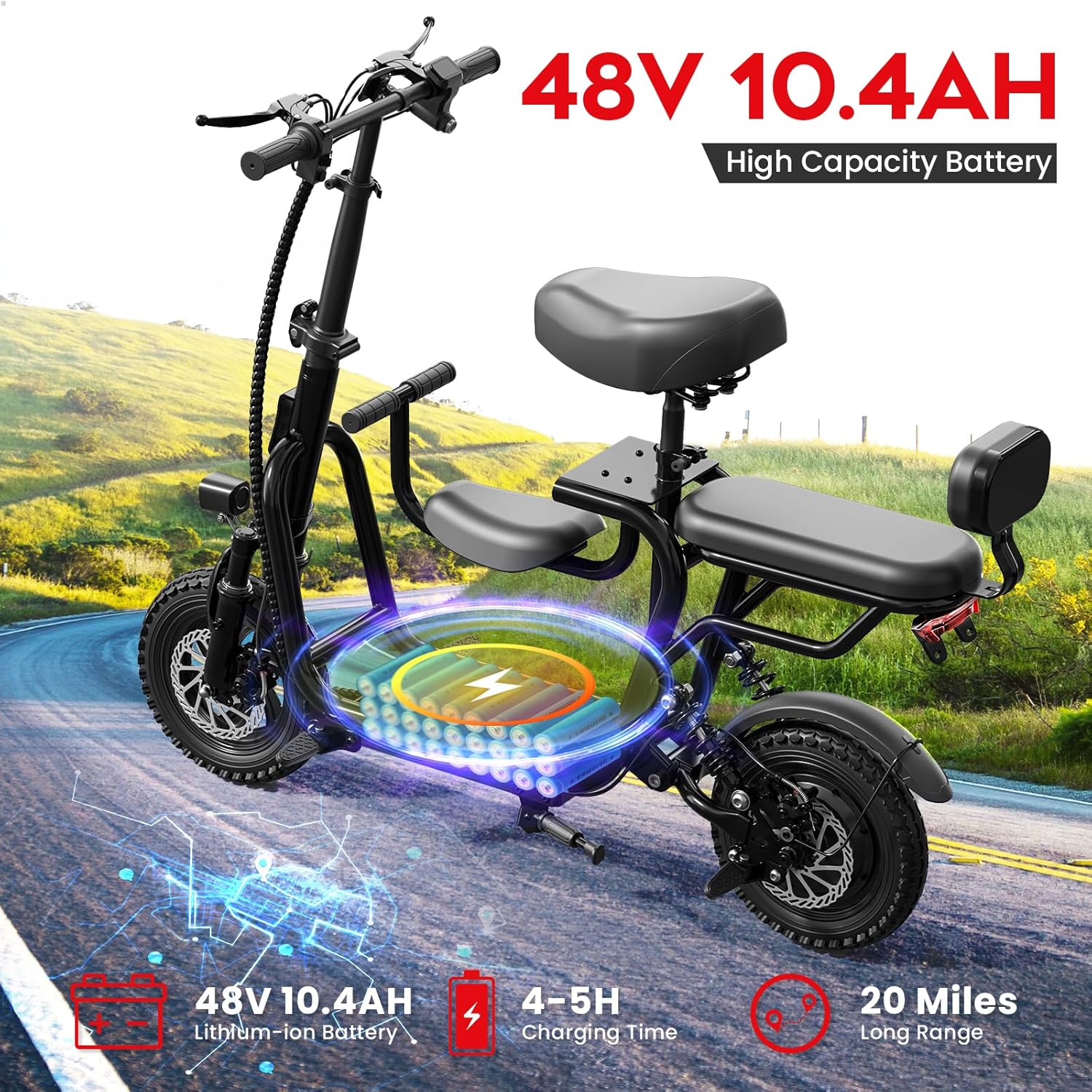 48V/36V Electric Scooter with Seat, Adult E Scooters with Seat, 372W-750W Motor, 6-20 Miles, 18.75mph/17.4mph/11.18mph, Electric Scooter for Adults, Dual Brakes, 14
