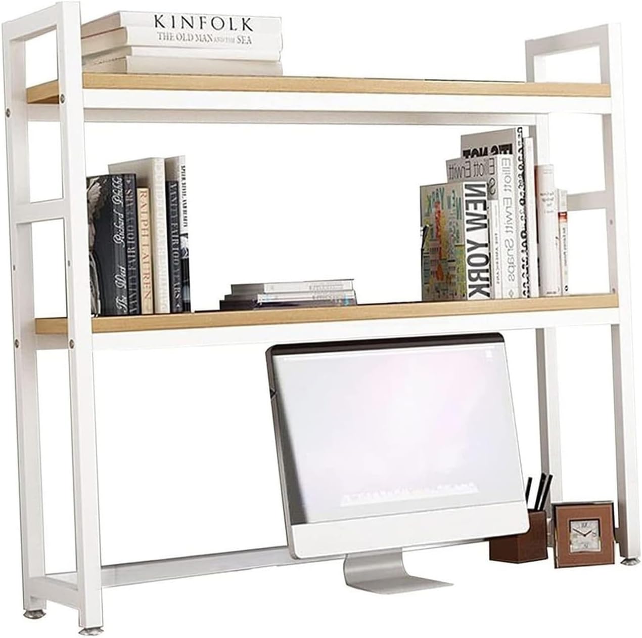 Wooden And Metal Computer Desktop Bookcase - Simple Desk Rack Storage Rack, 2 Tier Adjustable Desktop Organizer Rack, Multipurpose Countertop Hutch Bookshelf, Office Storage Display Shelf ( Color : Wh