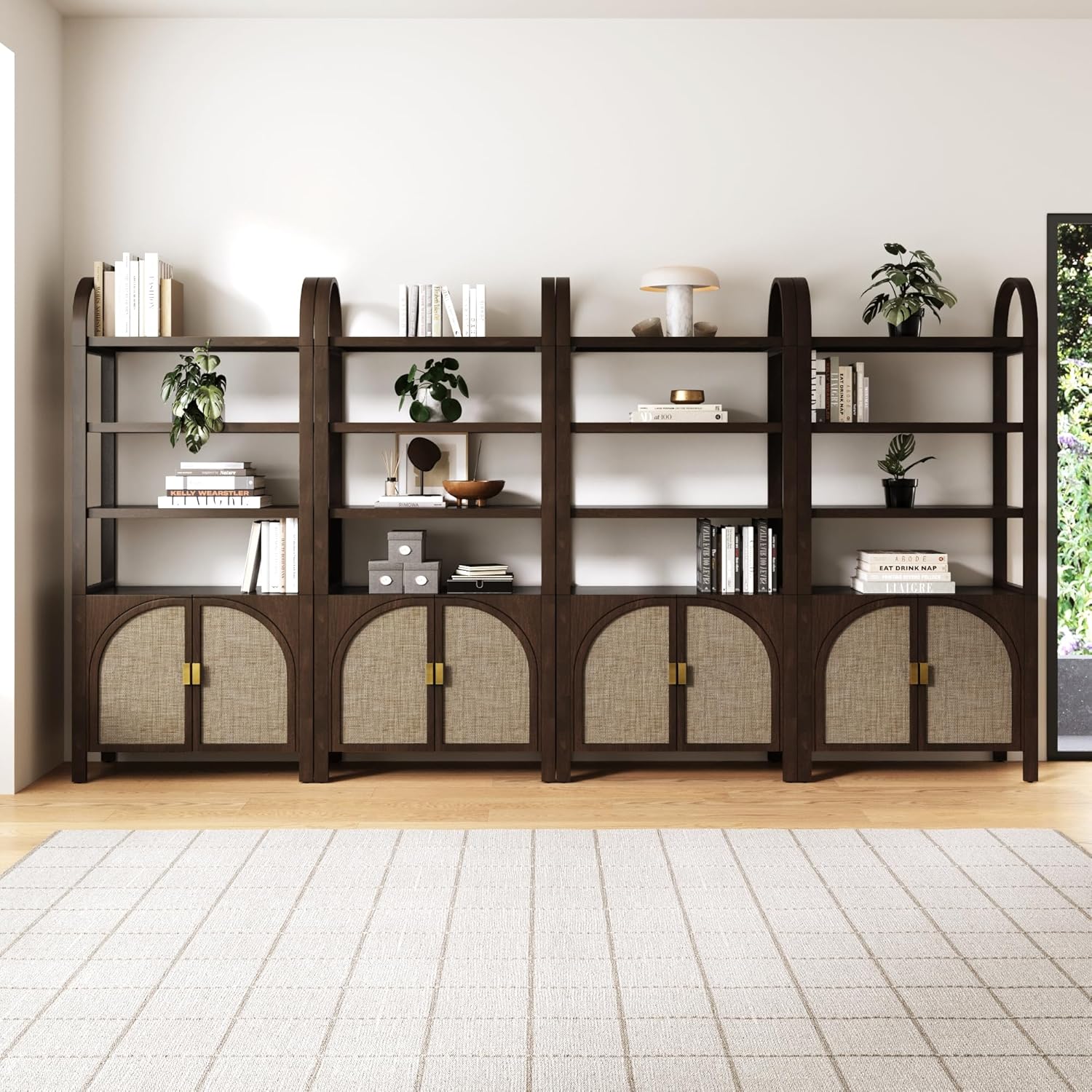 Nathan James Paxton Boho Bookshelf Cabinet with Solid Wood Frame Rattan Bookshelf with Cabinet Base, Arched Bookcase Cabinet for Living Room or Home Office, Dark Acacia, Set of 4