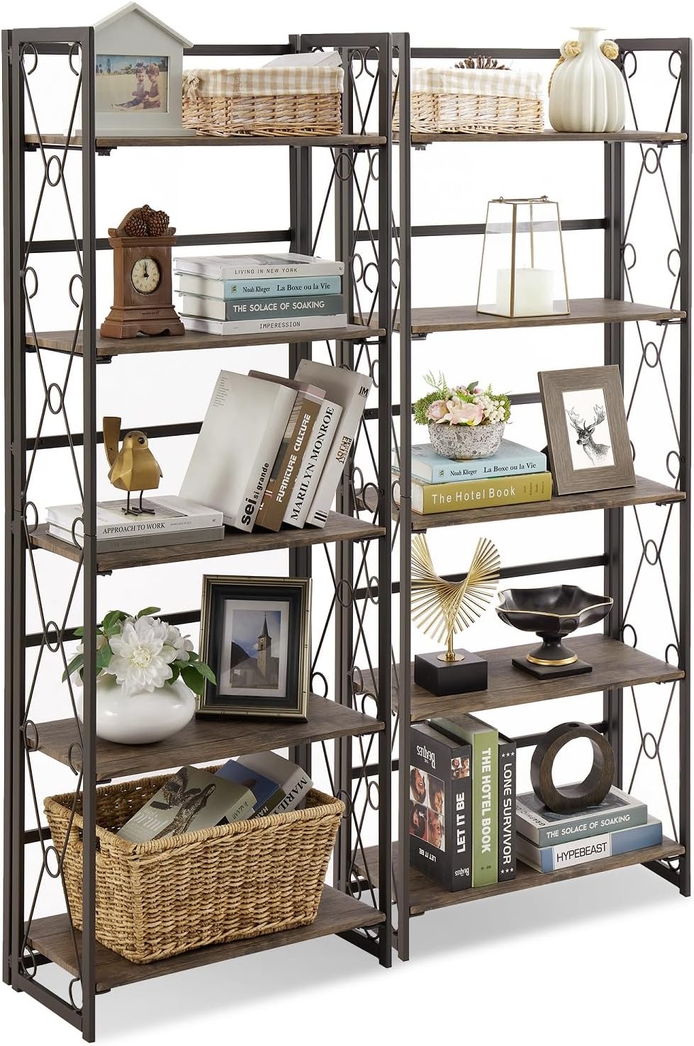 VECELO Folding Bookshelf, 5 Shelf Folding Bookcase No Assembly, Industrial Metal Freestanding Shelves Rack Organizer for Living Room, Office, Bedroom, Kitchen