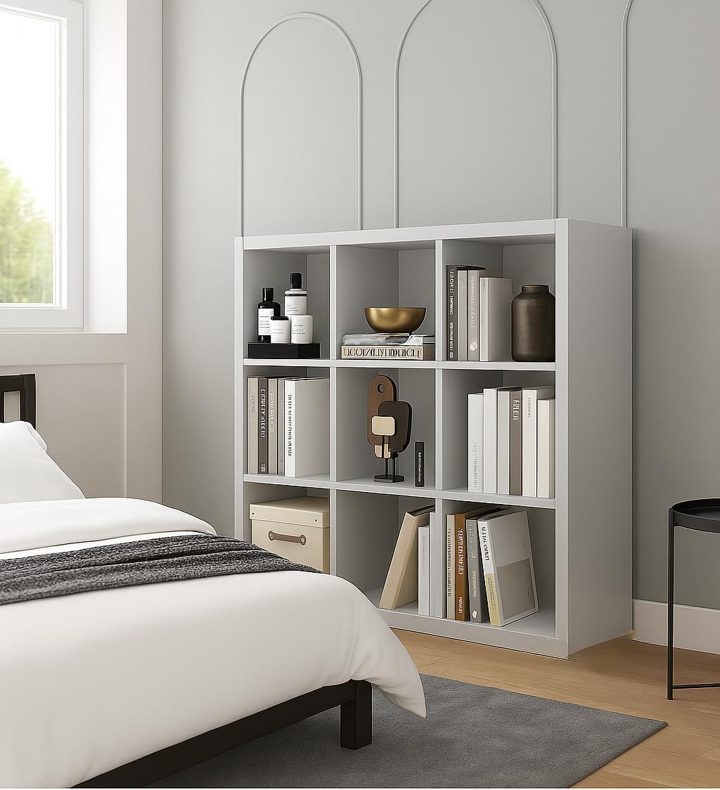 9 Cube Bookshelf, 3-Tier Storage Organizer,Freestanding Open Book Shelves, Wooden Square Cube Storage Organizer, Modern Book Display Shelf for Kids Rooms, Playroom, Living Room,Light Grey