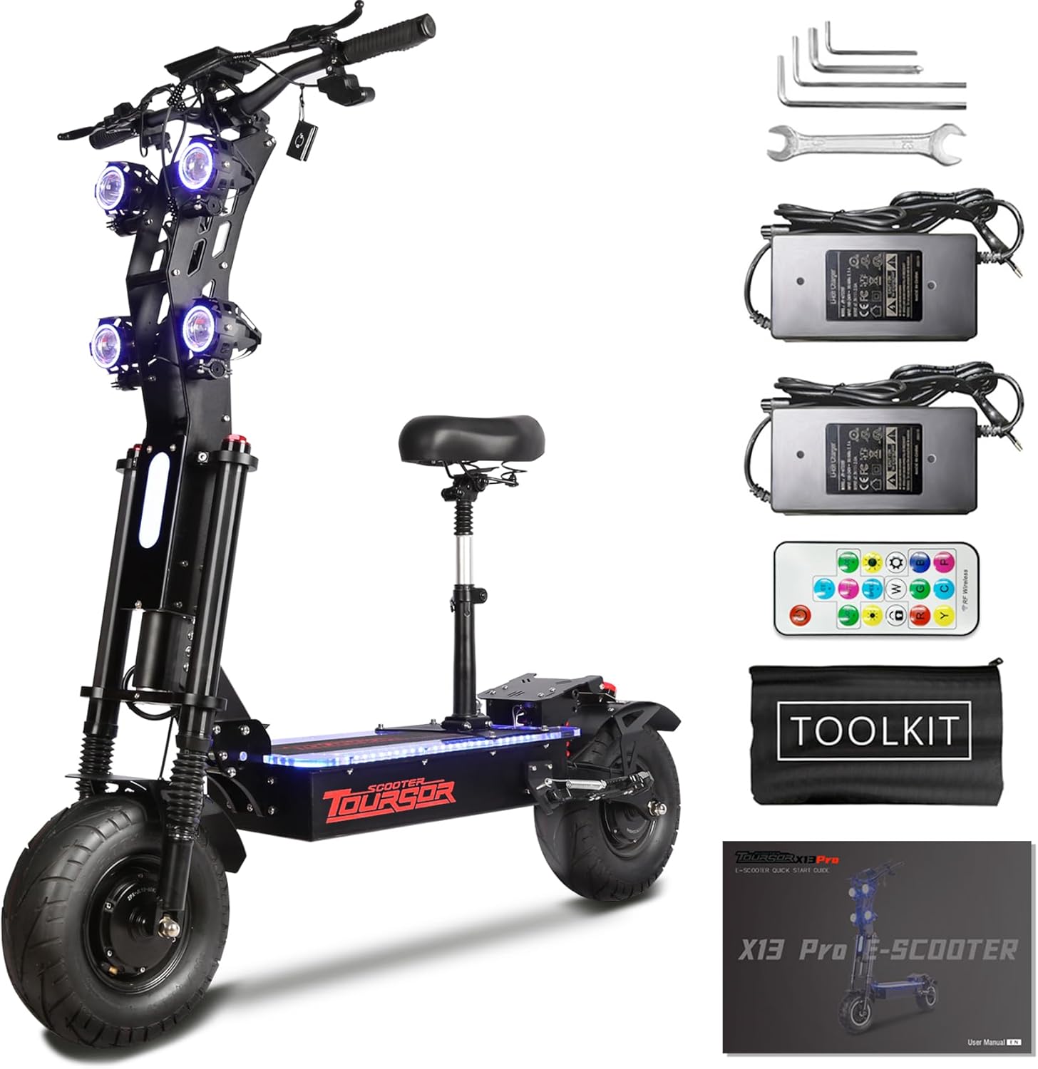 Foldable Electric Scooter with Seat, High Power 10,000W Dual Motor 60V 50A Extra Long Range, 13