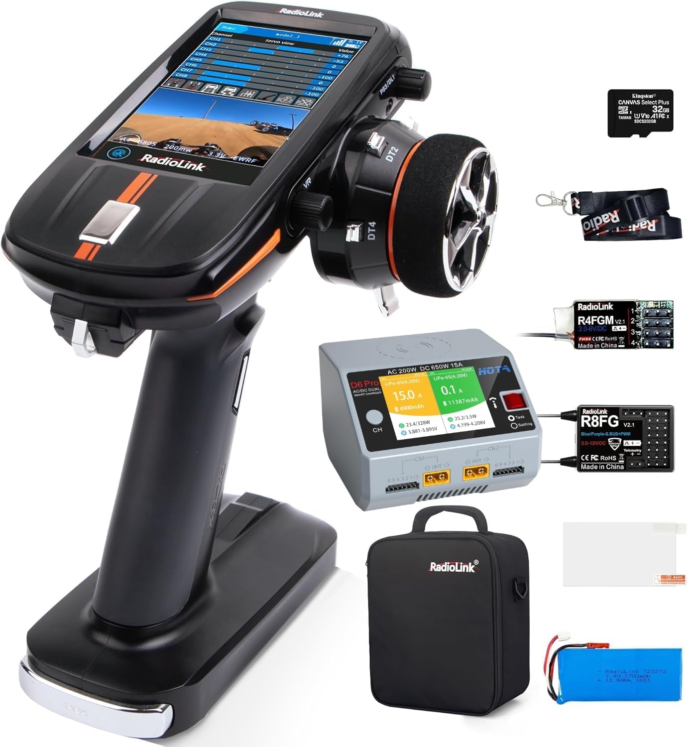 Radiolink RC8X 8CH 2.4G RC Transmitter and Newest R8FG&R4FGM V2.2 Gyro Receivers with HOTA D6 Pro Lipo Battery Charger Dual Channel Smart Charger AC200W DC650W (325W*2) 15A Balance Charger