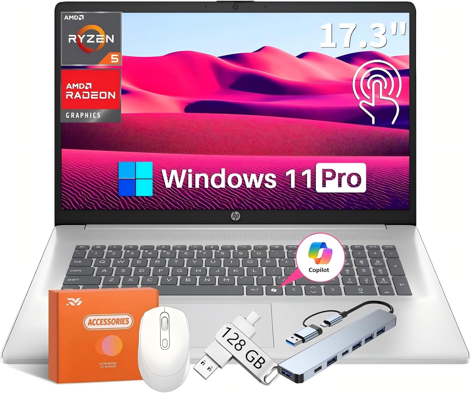 HP 2025 New 17 inch Laptop Business Student, Copilot Key, AMD Ryzen 5 7430U, 64 GB RAM, 2 TB SSD, FHD IPS 300 Nits Display, AMD Radeon GPU, Wi-Fi 6, Long Battery Life, Windows 11 Pro, w/Accessory Kit