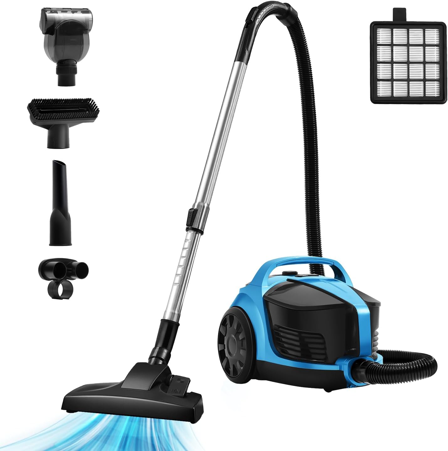 Canister Vacuums 45Kpa 1600W Canister Vacuum Cleaners for Home Double HEPA Filter 4.5Qt Bagless Vacuum Cleaner Lightweight Canister Vacuum Cleaner for Hard Floors Carpet Pet Upholstery Tiles Car Blue