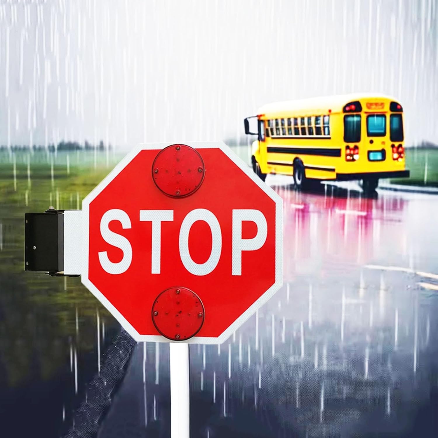 School Bus Stop Sign Arm with Lights, 18″ Manual/Electric Parking Sign on School Bus, 4 LEDs Flash Alternately, Side-Mounted, DC 12V 24V(2pcs)