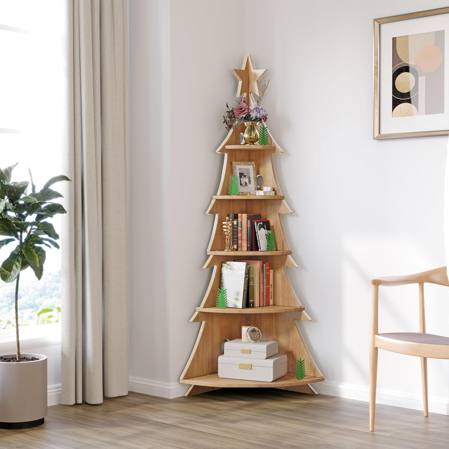 71’’ Corner Shelf, 5 Tier Christmas Tree Corner Bookshelf, Large Wooden Bookcases Display Stand (Natural)